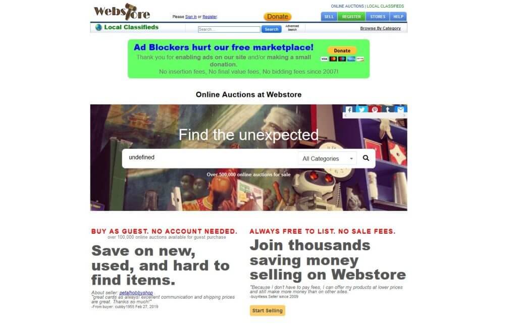 Screenshot of Webstore.com and its auctions