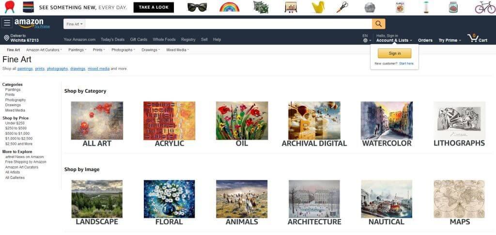 Screenshot of Amazon Art page where artists can list their art for sale