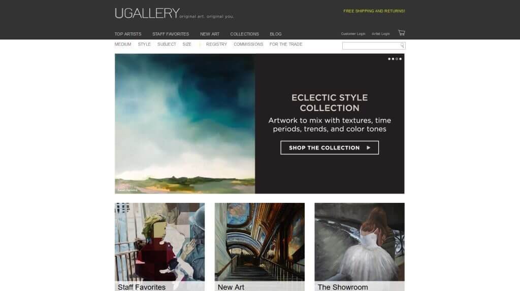Homepage of UGallery, an online art gallery for selling art