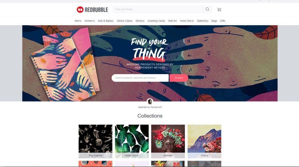 Screenshot of RedBubble.com and it's online merchandising options for artists