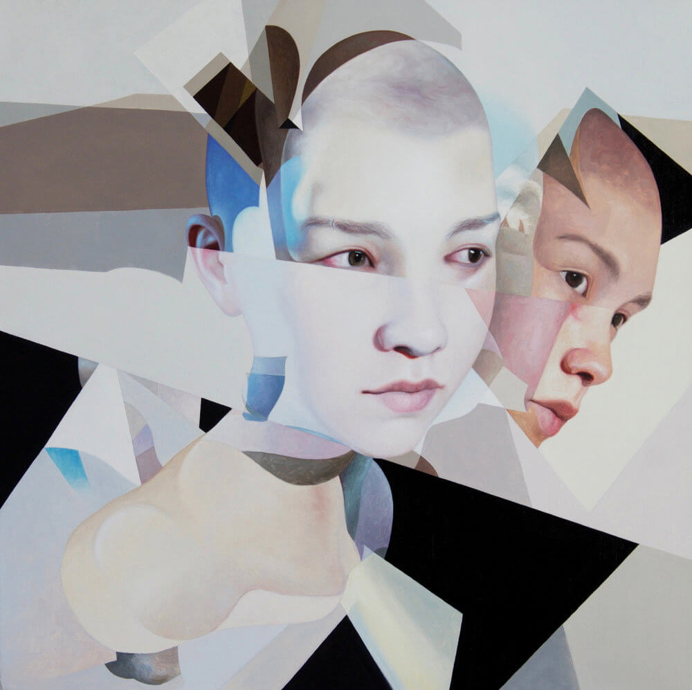 Cubist portrait of a young woman with hard 3-dimensional lines and edges distorting her image