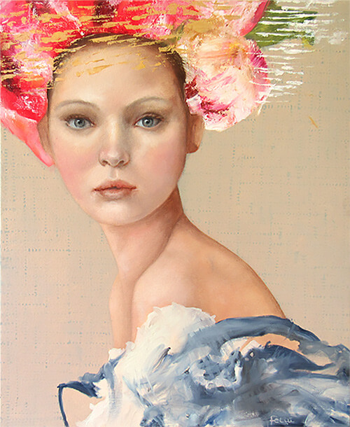 Ethereal portrait painting of a woman with a floral headress and off-the-shoulder blue dress