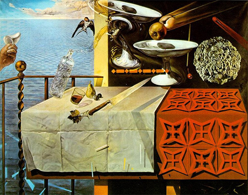 A Surrealist painting titled "Still Life - Fast Moving" by Salvador Dali which shows floating objects above a table.