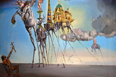 Salvador Dali painting titled "The Temptation of Saint Anthony" showing impossibly tall elephants in a surreal dreamscape