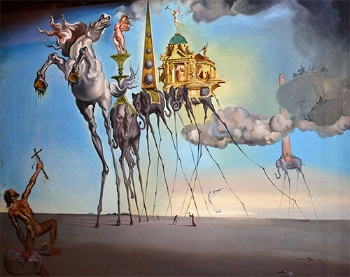 Salvador Dali painting titled "The Temptation of Saint Anthony" showing impossibly tall elephants in a surreal dreamscape