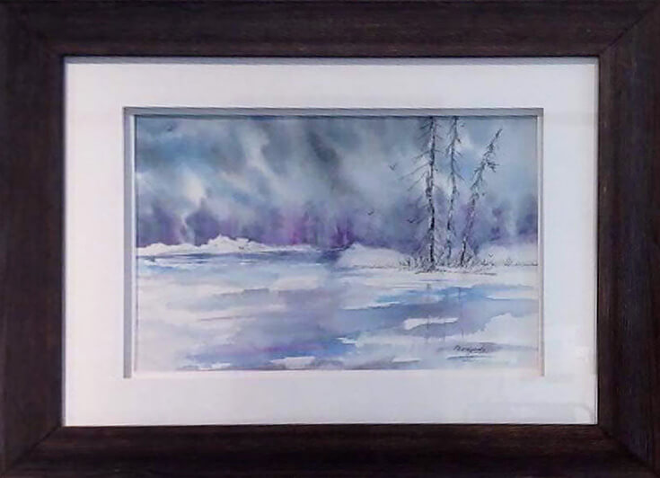 Framed watercolor painting of a frozen lake in winter