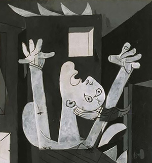 Guernica detail - a burning figure reaching towards the sky amidst bombed out buildings