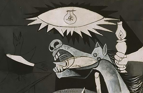 Guernica detail - electric bulb and oil lamp over horse