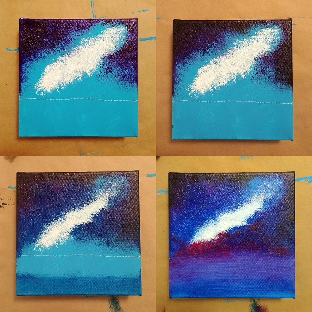 Adding colors to a painting, in four steps: purple, then black, then blue, then magenta