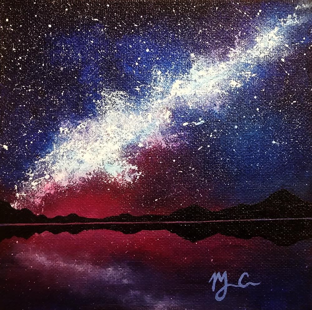 painting of a nigh sky with stars over silhouetted mountains and lake