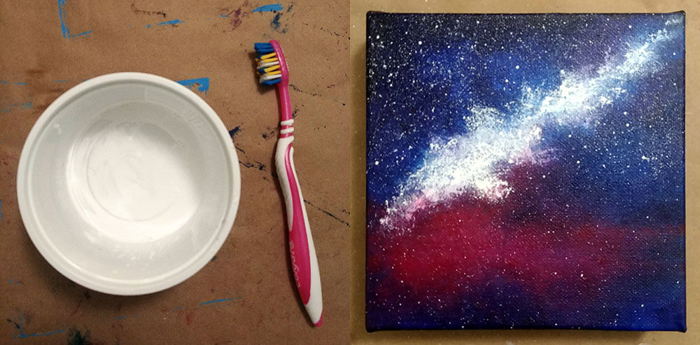 Using a toothbrush to create star splatters on canvas