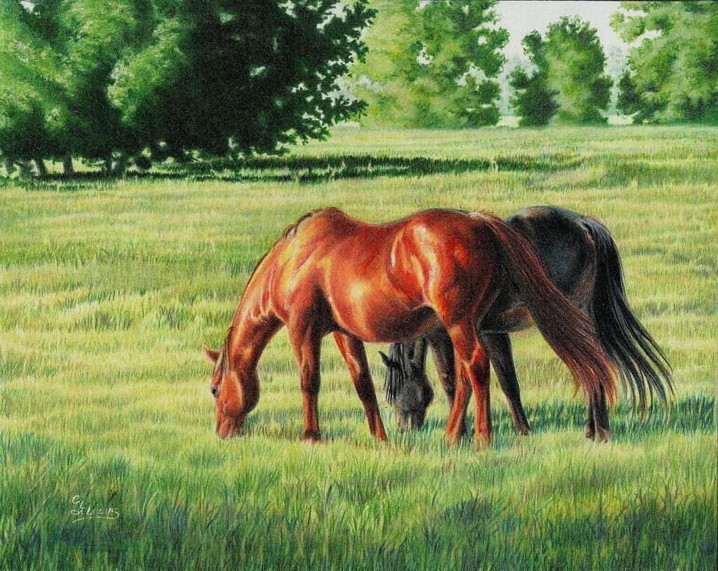 Painting of two horses in a field