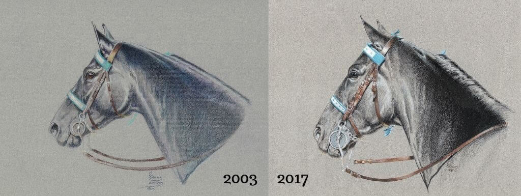 Two side-by-side drawings of the same subject, showing how the artist improved
