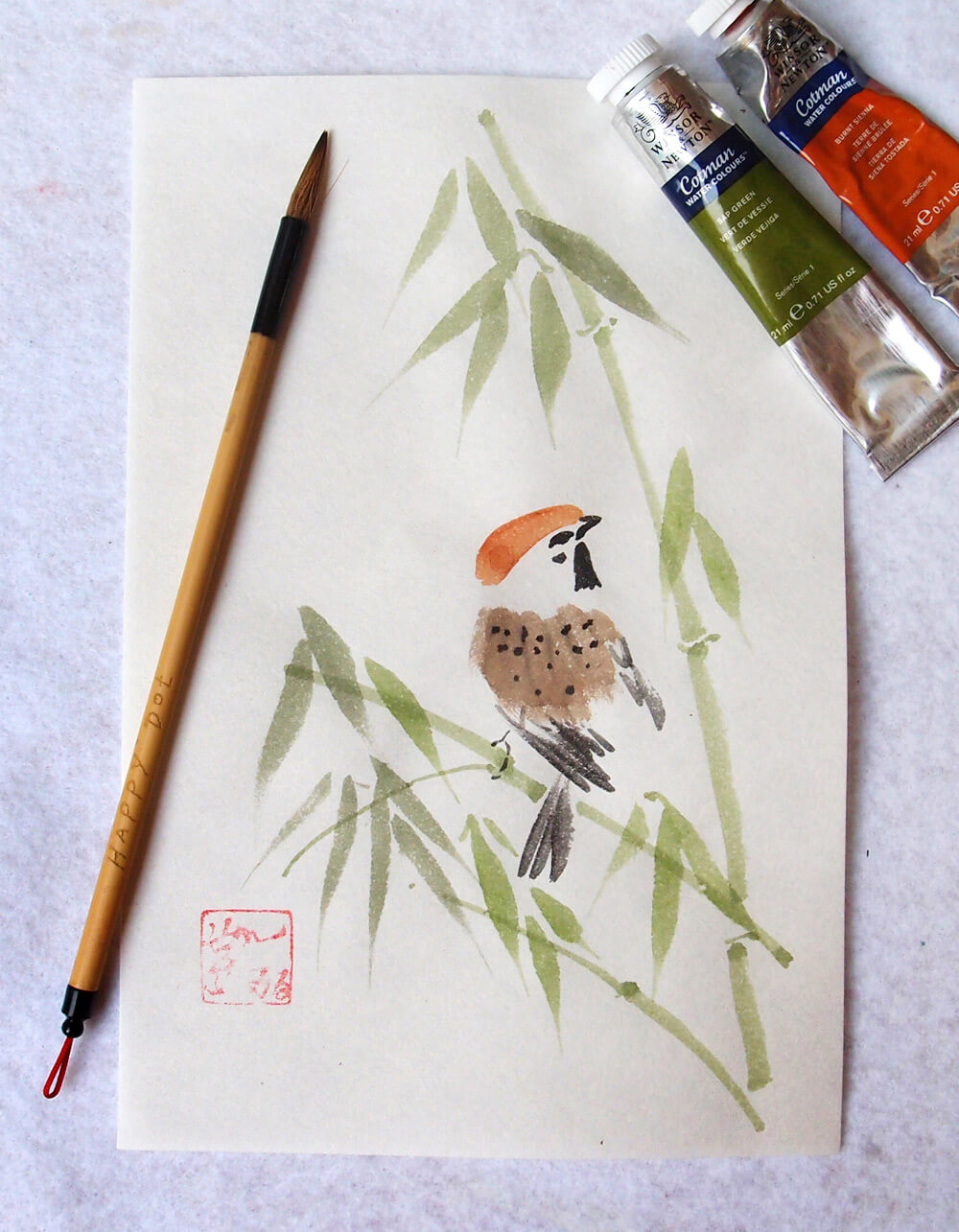 Paint and brush used for sparrow and bamboo painting