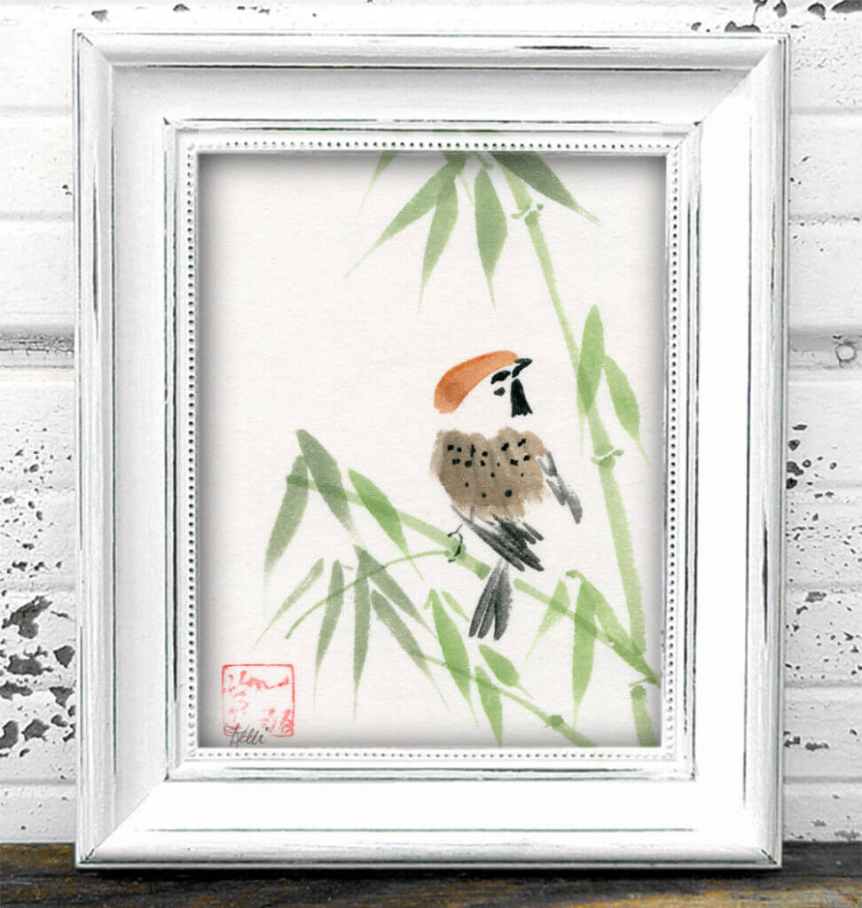 Framed sparrow and bamboo painting