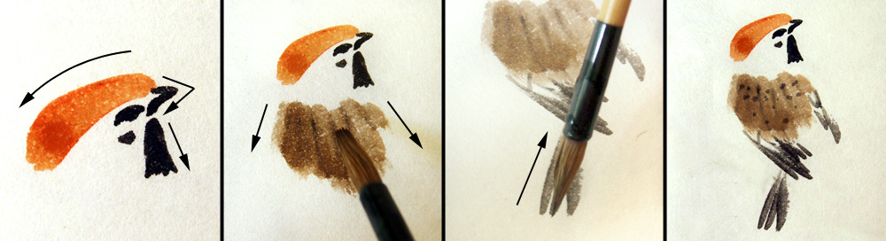 Brush strokes for painting a sparrow, starting with the head and moving to the wings and tail feathers