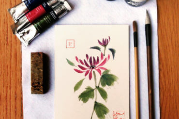 Chinese Brush painting supplies for painting a chrysanthemum flower