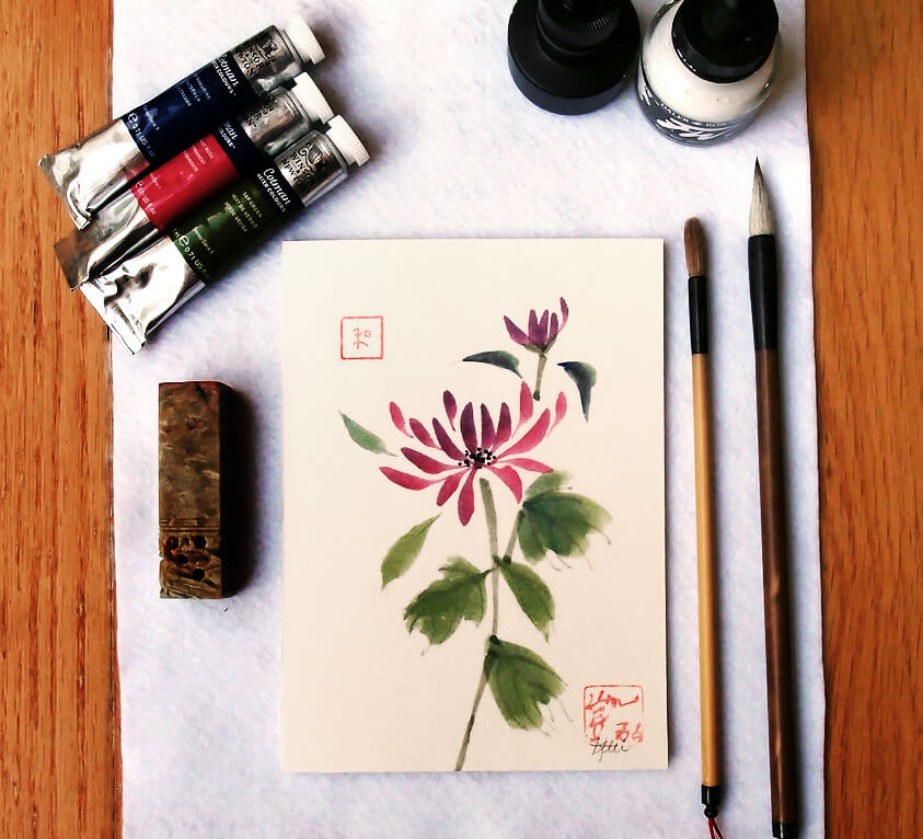 Chinese Brush painting supplies for painting a chrysanthemum flower