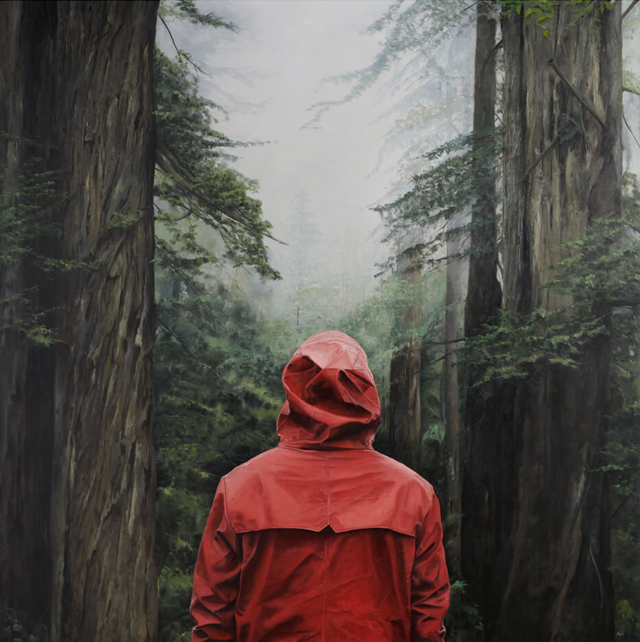 A figure in a red raincoat stares into a misty forest