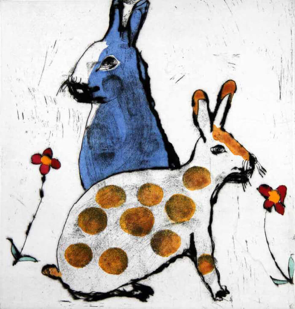 Limited edition print of a blue rabbit and an orange polka-dot bunny